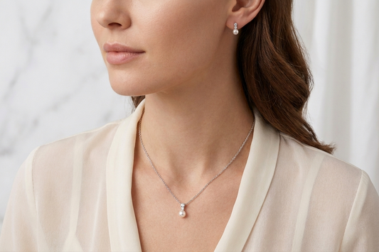 Modelo luciendo collar NOLIE de plata 925 con perla y circonitas