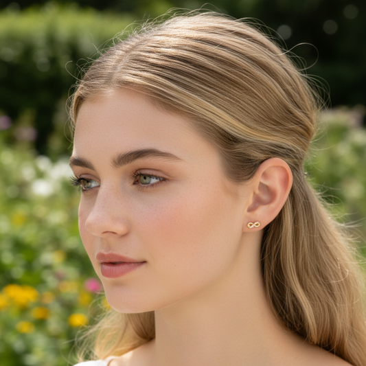 Perfil de modelo con pendientes ÉTERNELLE de plata bañada en oro 18K