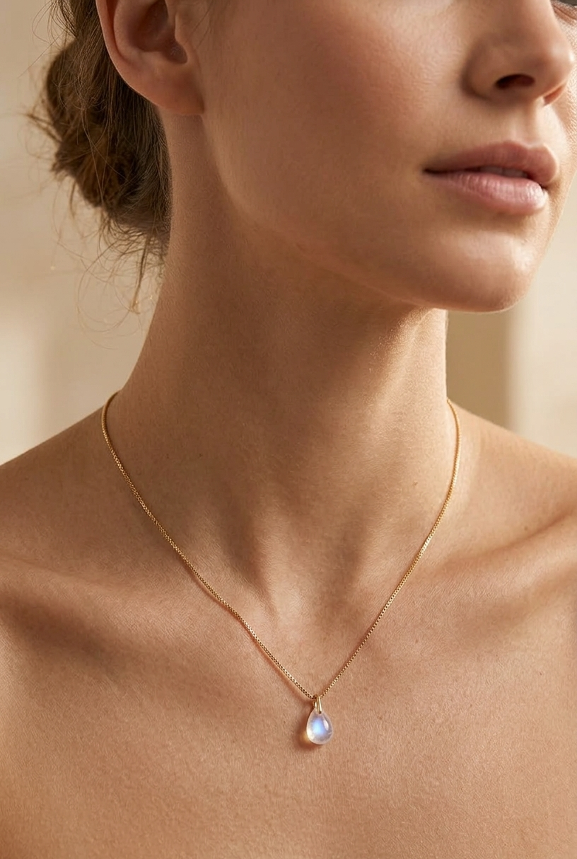 Modelo luciendo el collar minimalista de la línea Pure de Malbae, una pieza fina y elegante en plata bañada en oro de 18k con colgante de piedra luna.