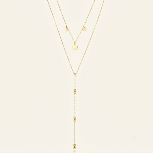 Collar VELIA de acero waterproof bañado en oro 18K con doble cadena lariat 