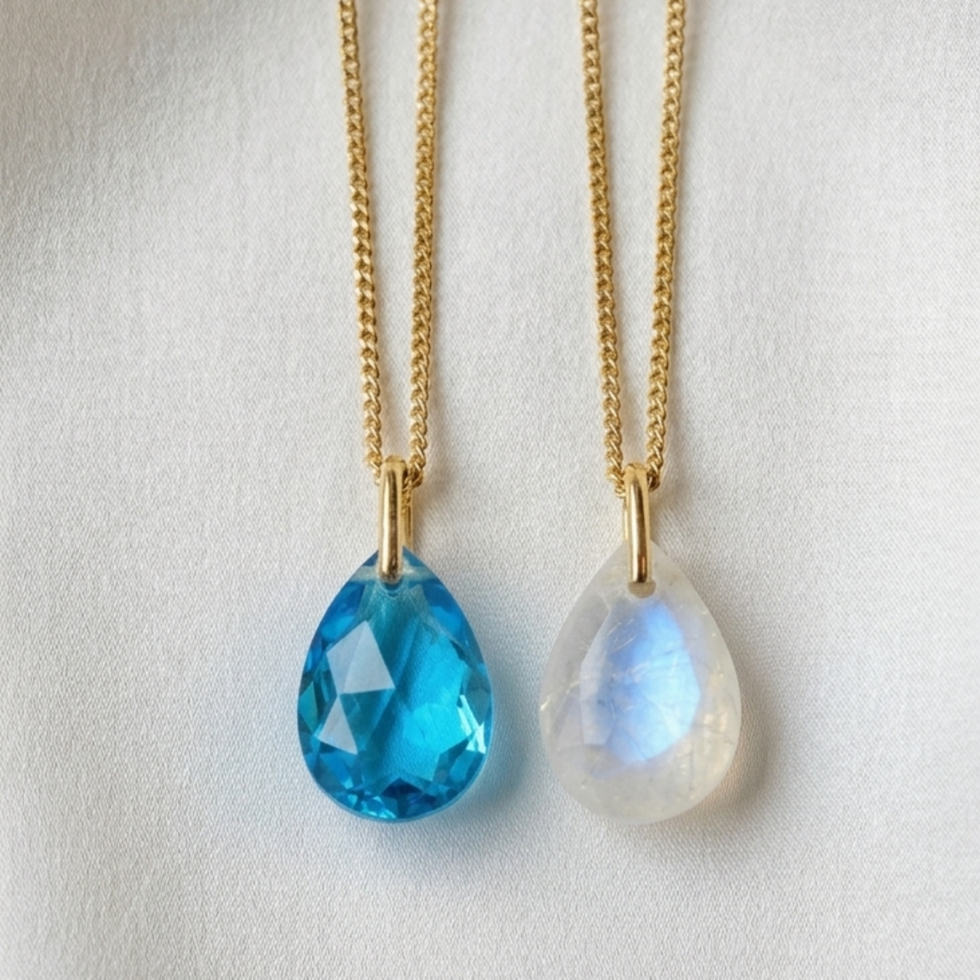 Collares de plata 925 bañada en oro 18K con colgante de piedra luna y topacio azul natural en gota