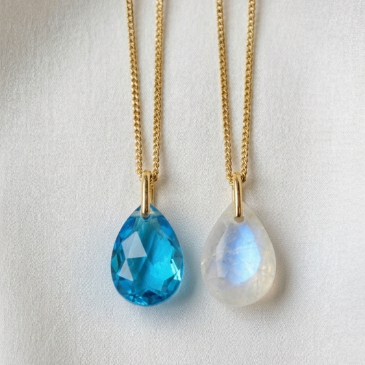 Collares de plata 925 bañada en oro 18K con colgante de piedra luna y topacio azul natural en gota