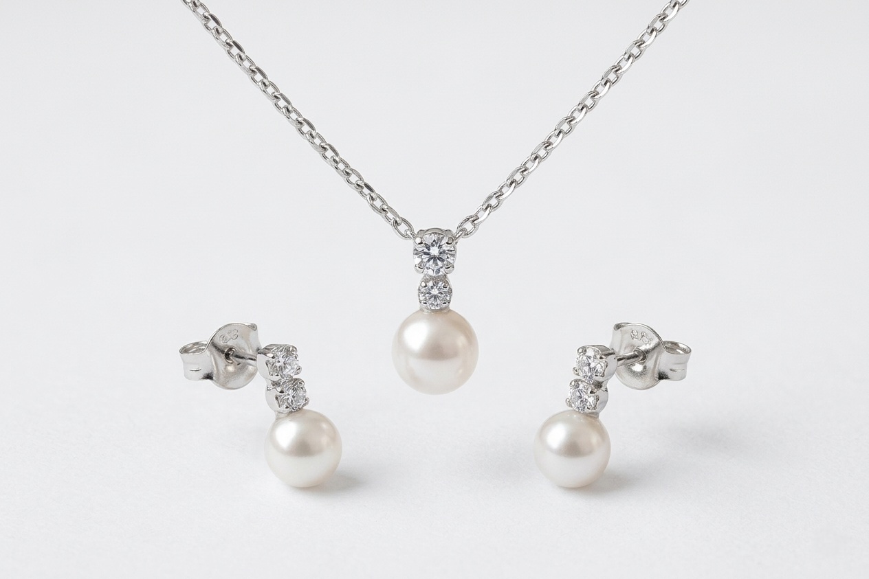 Conjunto NOLIE de collar y pendientes de plata 925 con perla y circonitas
