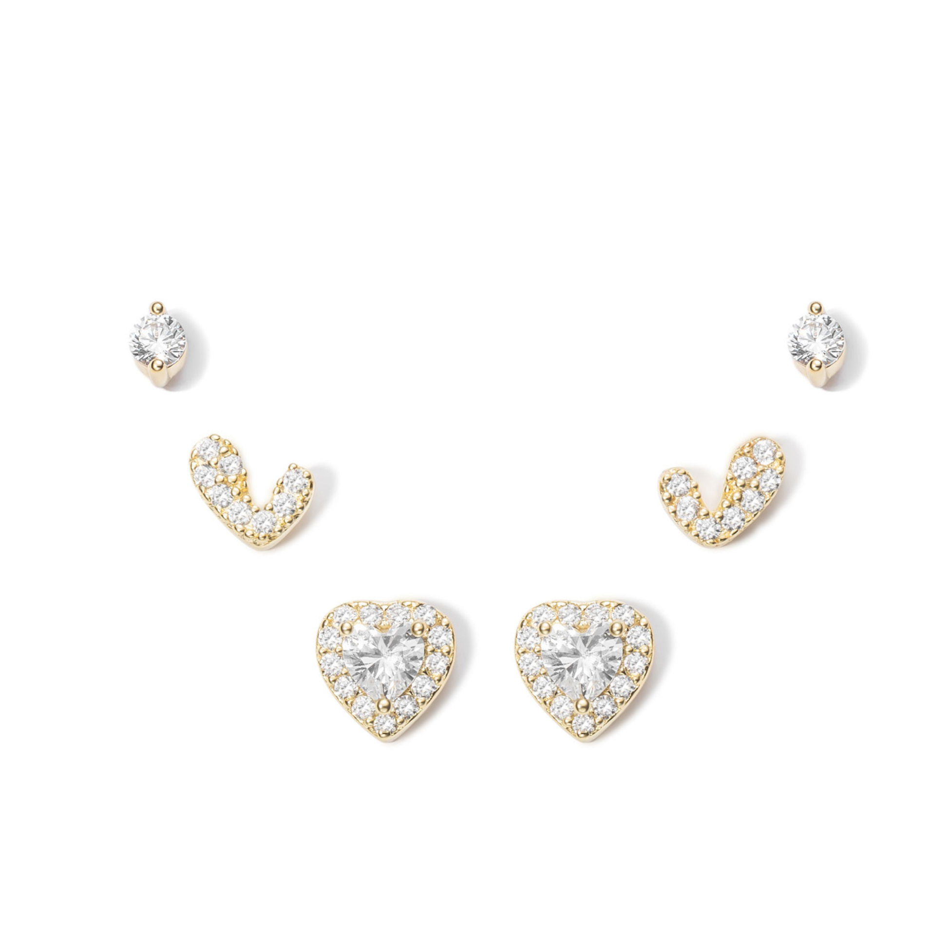 Detalle de las tres variantes de pendientes COEUR en plata 925 bañada en oro