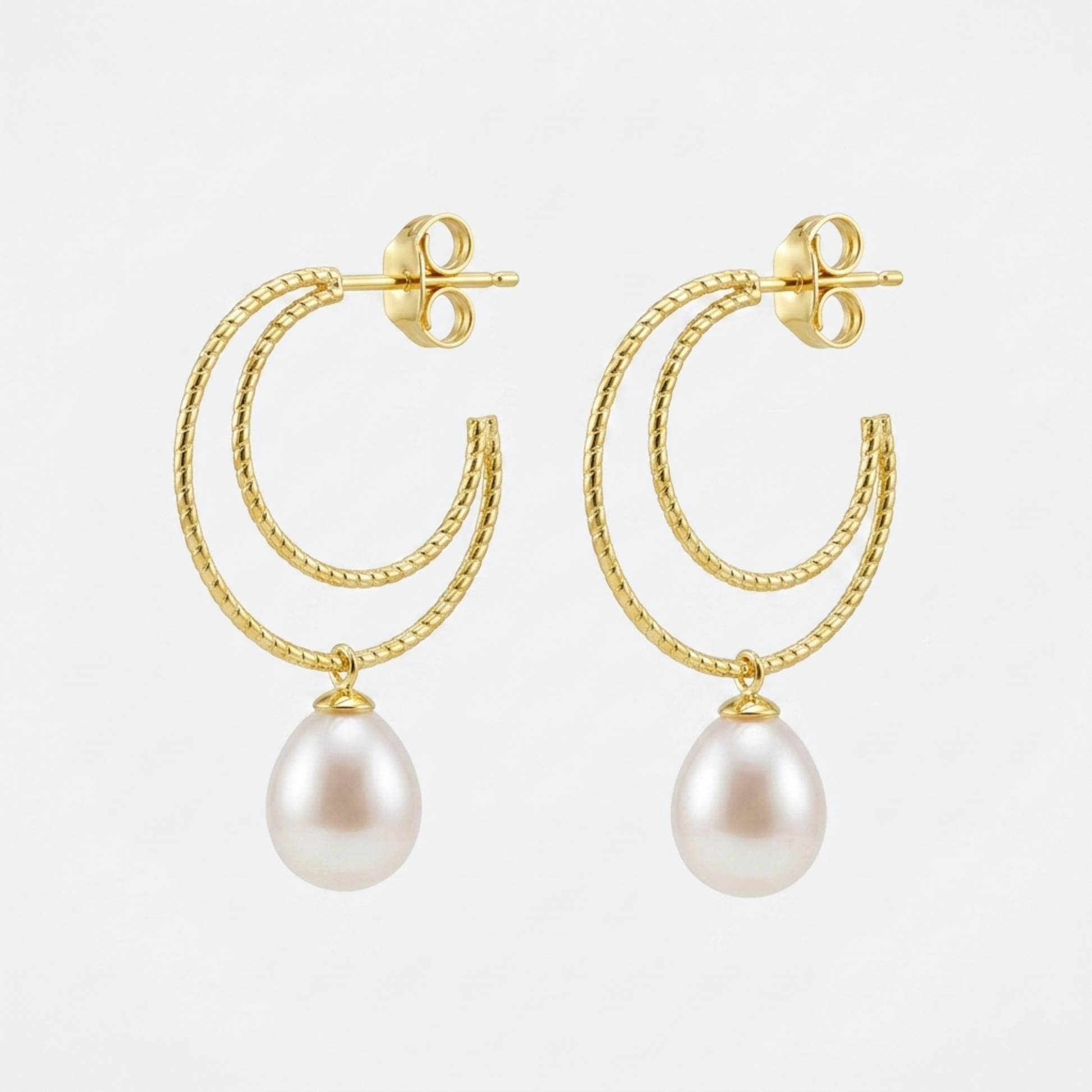 pendientes DOUX de plata 925 bañada en oro 18K con doble aro y perla cultivada colgante