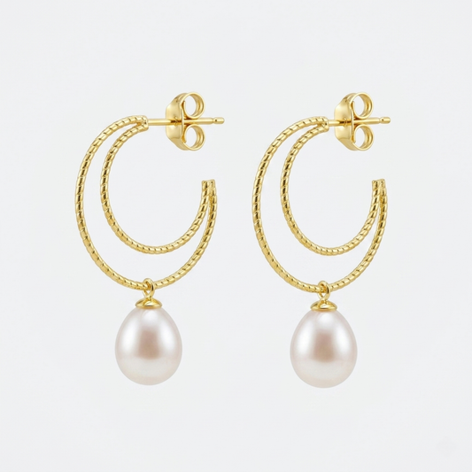 pendientes DOUX de plata 925 bañada en oro 18K con doble aro y perla cultivada colgante
