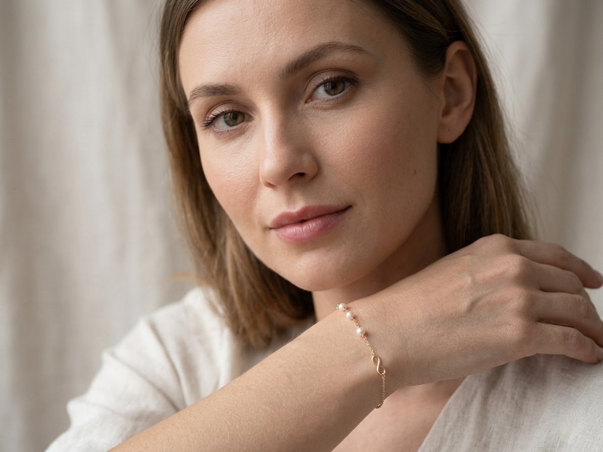 Modelo luciendo pulsera AMALIE oro 18k con perlas en la muñeca